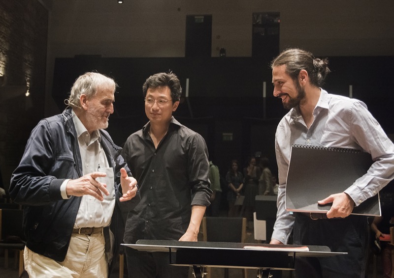 Francesco Bossaglia backstage with composer Helmut Lachenmann and colleagues, Budapest 2016.